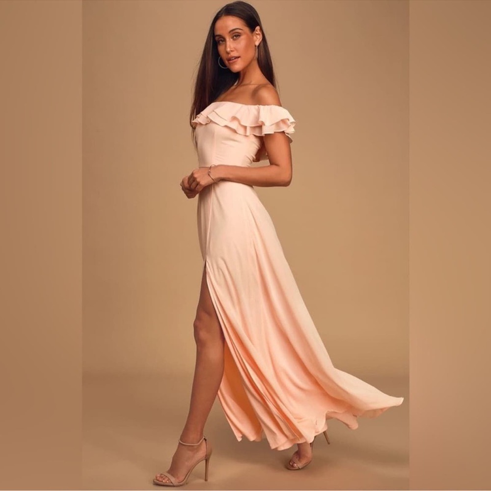 Lulu's Elegance and Grace Off-The-Shoulder Maxi Dress Peach Pink Size S